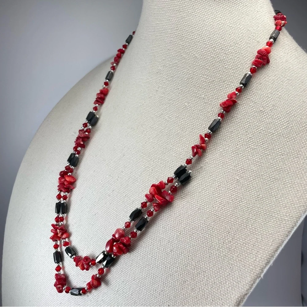 Stunning Magnetic Hematite Red Coral Chip Beaded Statement Necklace